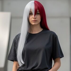 🆕WOT ANOGOL Hair Cap+Silver Half Red Long Wavy Cosplay Wig With Bangs 24”